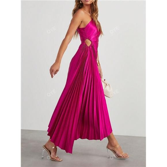 NEW - Elegant Asymmetrical Neck Asymmetrical Hem Satin Cocktail Fucsia Dress - Picture 3 of 8